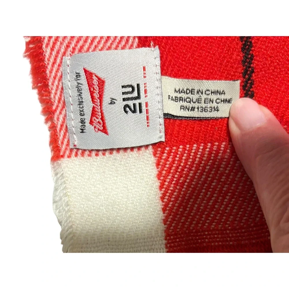 Budweiser Embroidered Logo Red,‎ White and Black Plaid Fringed Scarf. Unisex.